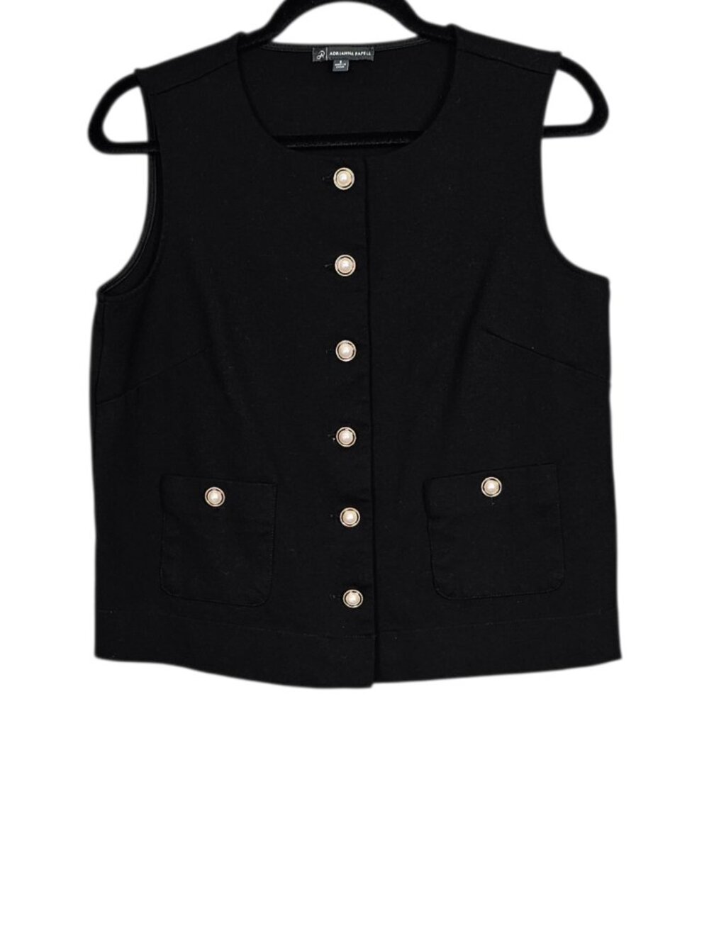 Adrianna Papell Black Tailored Pearl Button Up Sleeveless Knit Top Vest Size S